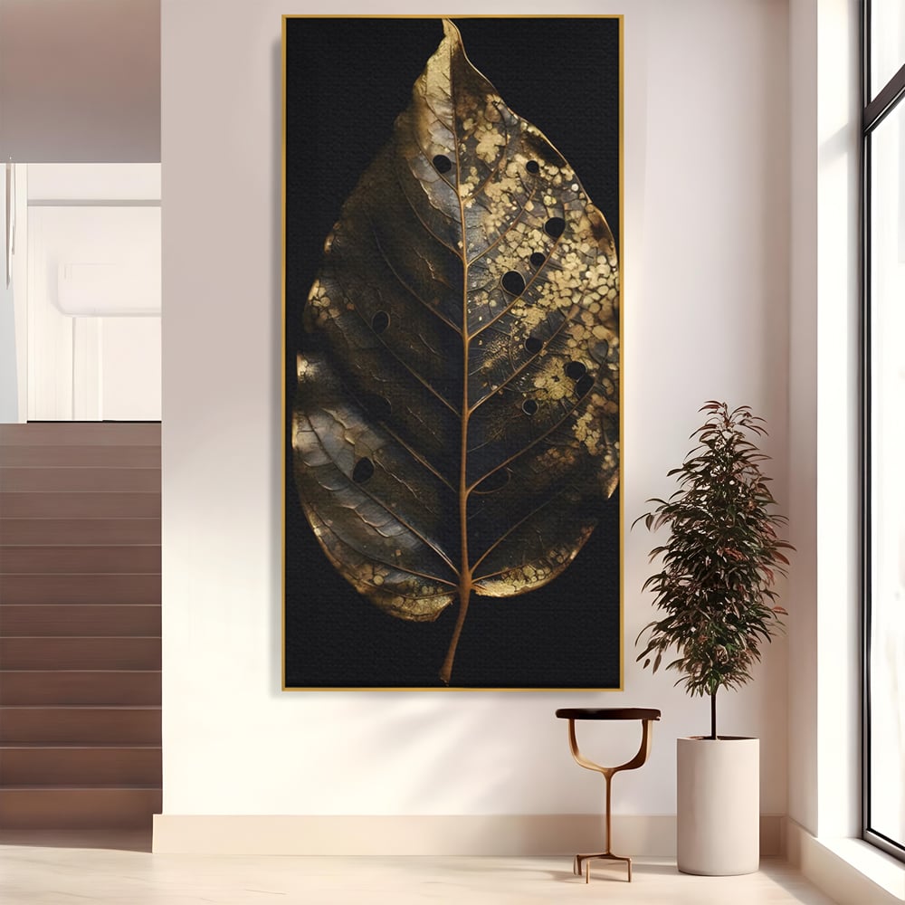 Tablou canvas cu tablou canvas cu frunza aurie pe fundal negru, in rama de aluminiu auriu